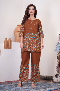 Brown Pure Cotton Kantha Work Co-ord Set with Floral Print
