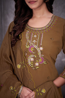 Brown Roman Silk Embroidered Kurta Pant Dupatta Set