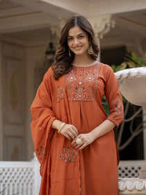 Rust Pure Viscose Mango Silk Embroidered Kurta Set