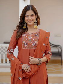 Rust Viscose Mango Silk Embroidered Kurta Set