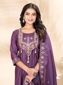 Purple Roman Silk Embroidered Anarkali Suit Set
