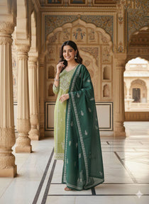 Pista Green Cotton Mirror Work Kurta Pant Dupatta Set