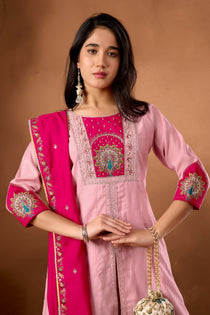 Light Pink Roman Silk Embroidered Anarkali Palazzo Set