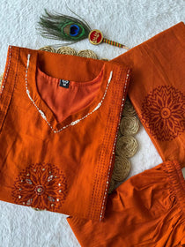 Orange Hand Block Print Kurta Set