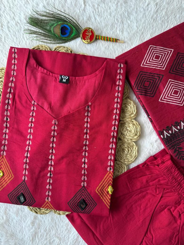 Cherry Pure Cotton Mirror Work Kurta Pant Dupatta Set