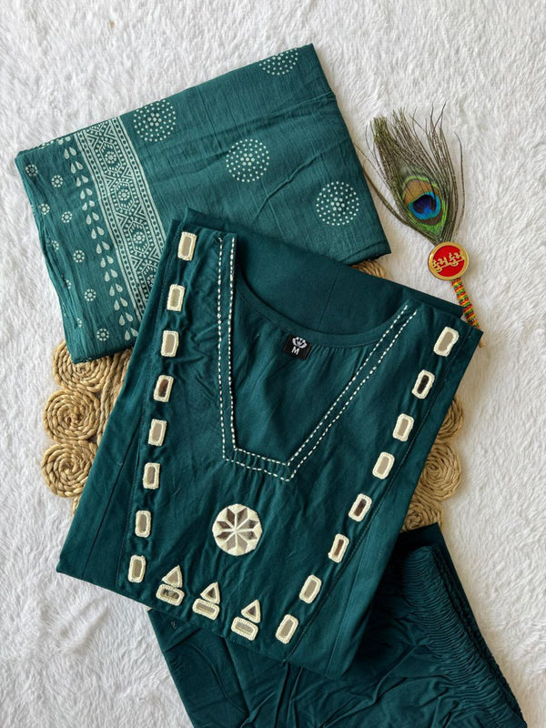 Pure Cotton Morphich Mirror Work Suit Set
