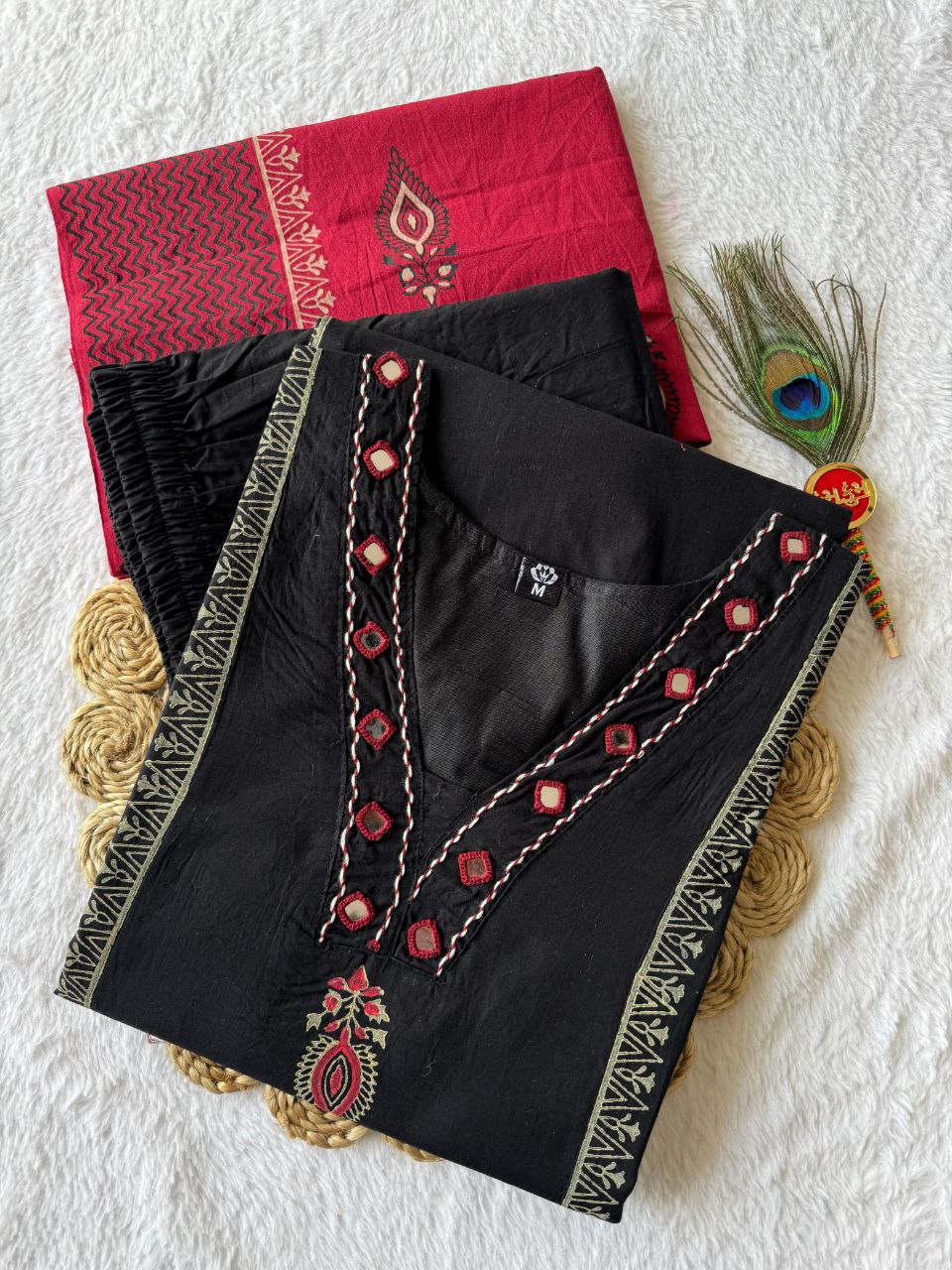 Black Cotton Mirror Work A-Line Kurta Pant Dupatta Set