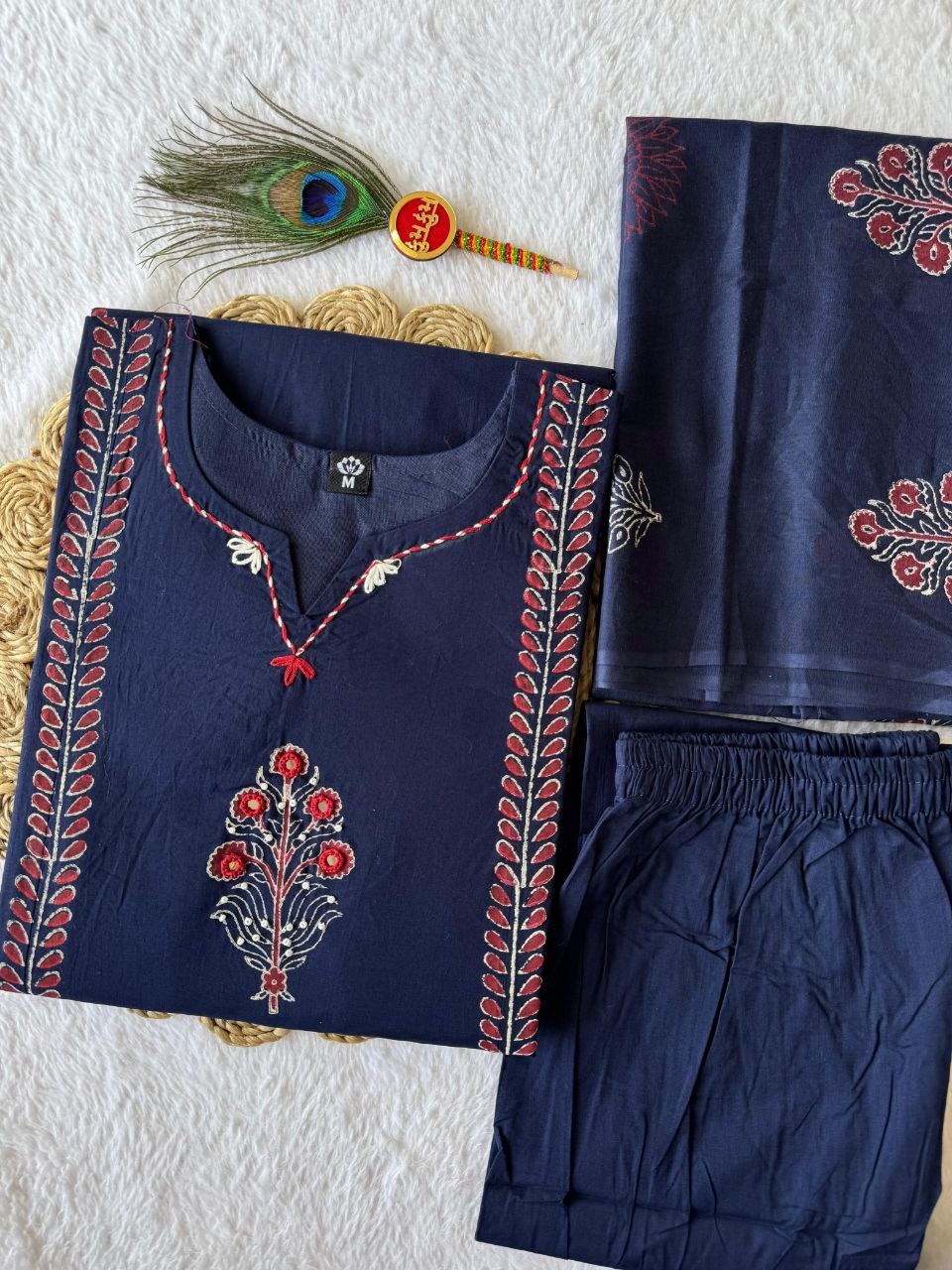 Pure Cotton Navy Blue Mirror Work Suit Set