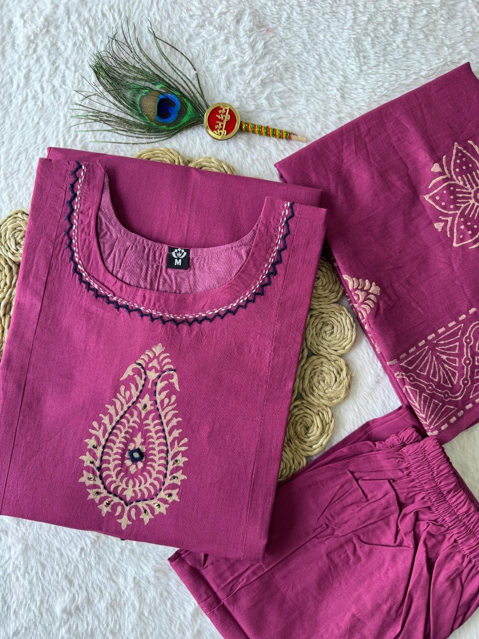 Rani Pink Color Pure Cotton Mirror Work Suit Set