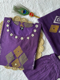 Purple Pure Cotton Mirror Work Kurta Pant Dupatta Set
