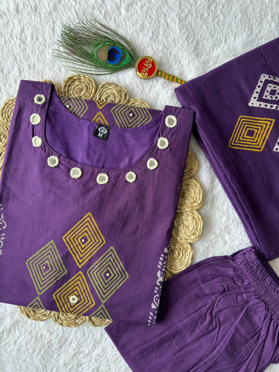 Purple Pure Cotton Mirror Work Kurta Pant Dupatta Set
