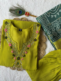 Parrot Green Roman Silk Hand Work Kurta Pant Dupatta Set