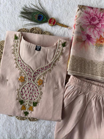 Light Peach Roman Silk Hand Work Kurta Pant Dupatta Set