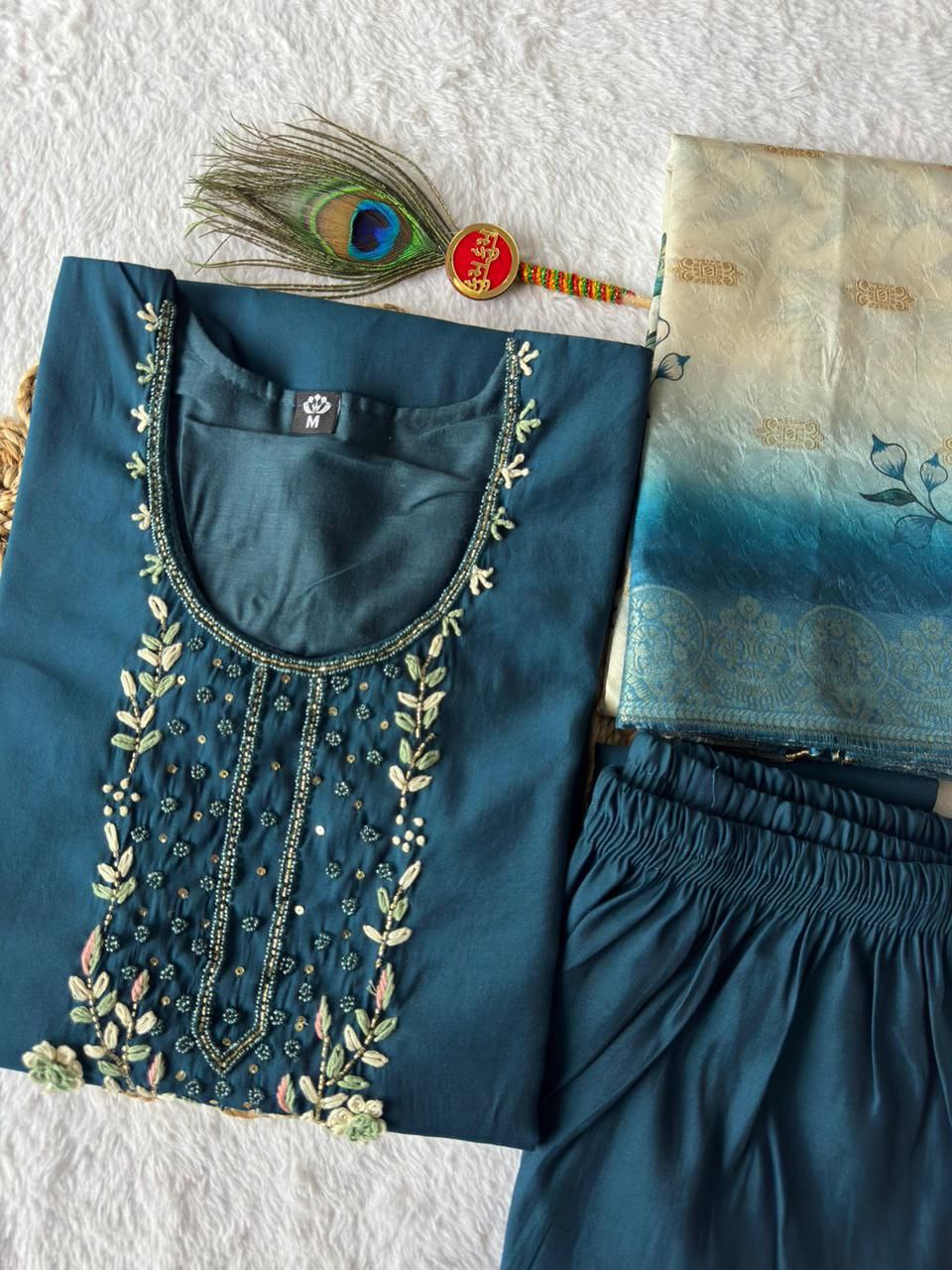 Morpich Roman Silk Hand Work Kurta Pant Dupatta Set