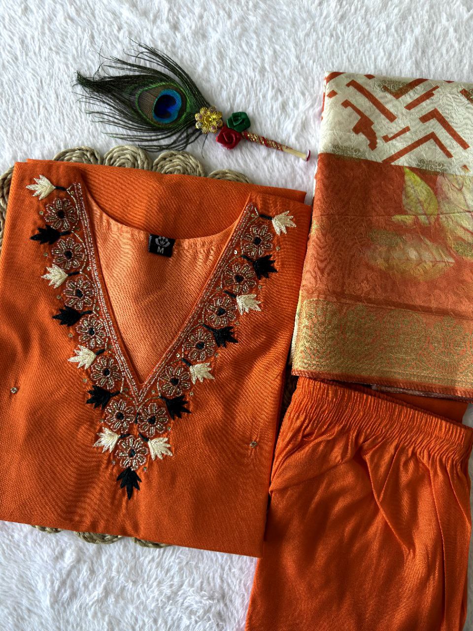 Orange Roman Silk Hand Work Kurta Pant Dupatta Set