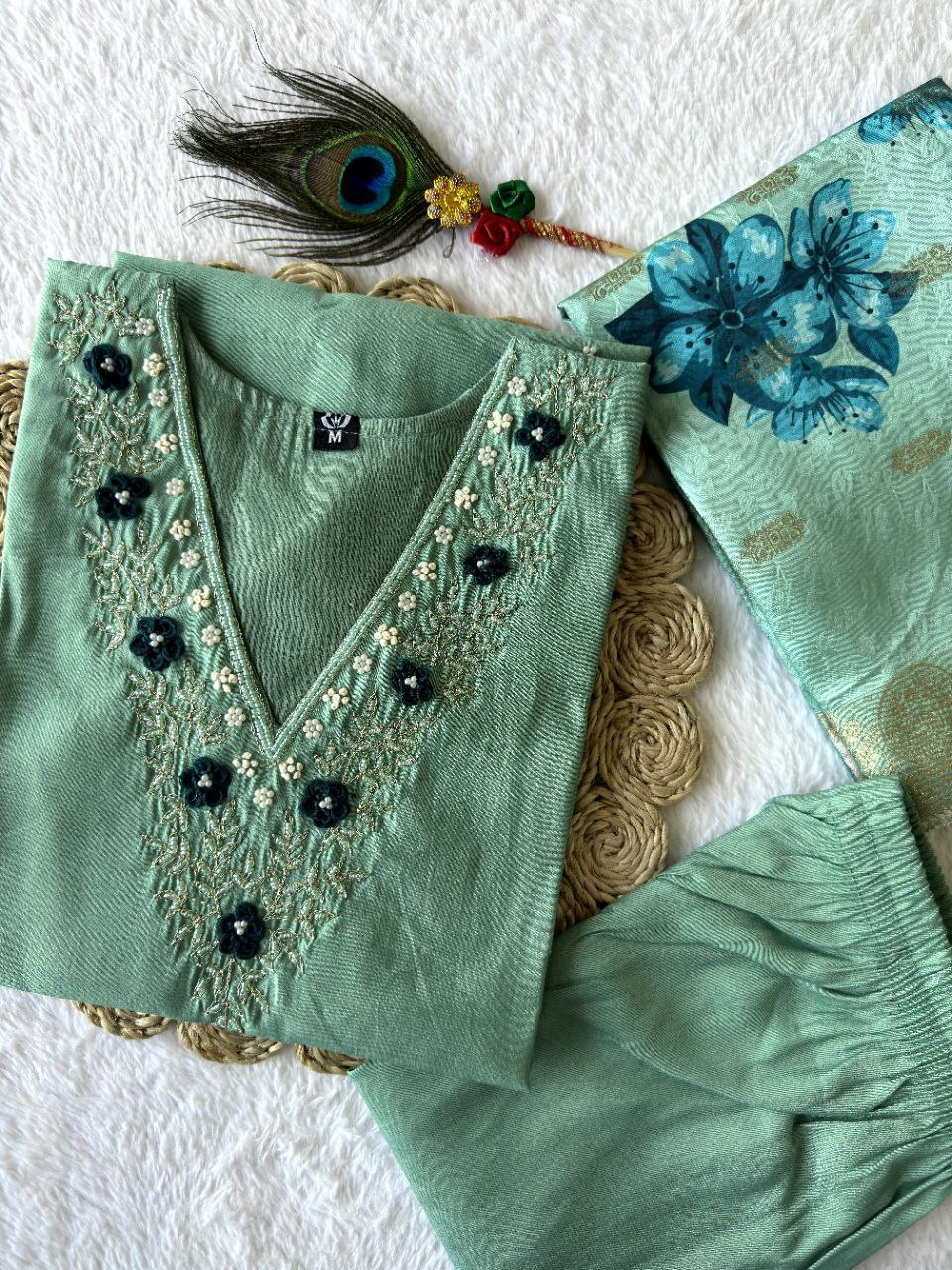 Marvelous Sea Green Handwork Suit Set
