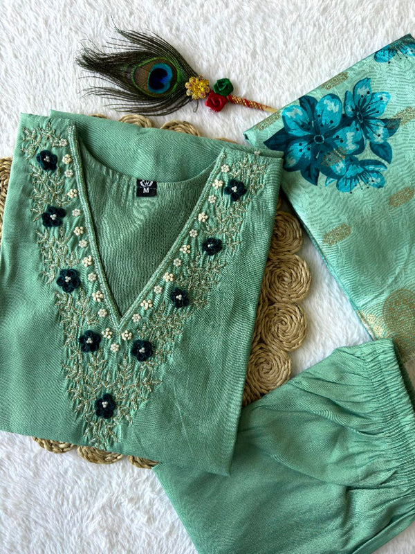 Marvelous Sea Green Handwork Suit Set