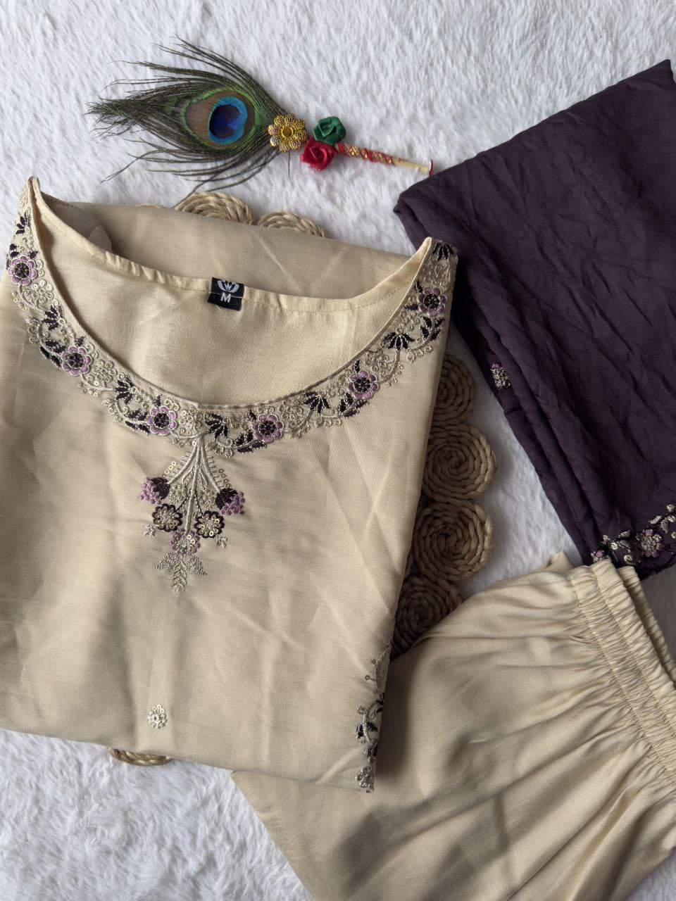 Cream Color Roman Silk Embroidered Suit Set