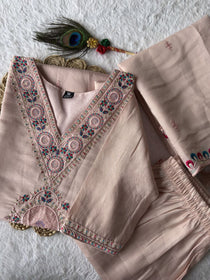 Light Peach Embroidered Roman Silk Kurta Pant Dupatta Set