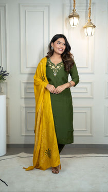 Mehendi Green Roman Silk Embroidered Kurta Set with Mustard Jacquard Dupatta