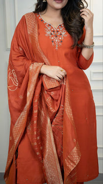 Rust Roman Silk Handwork Kurta Pant Set