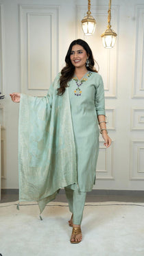 C Green Roman Silk Embroidered Kurta Set