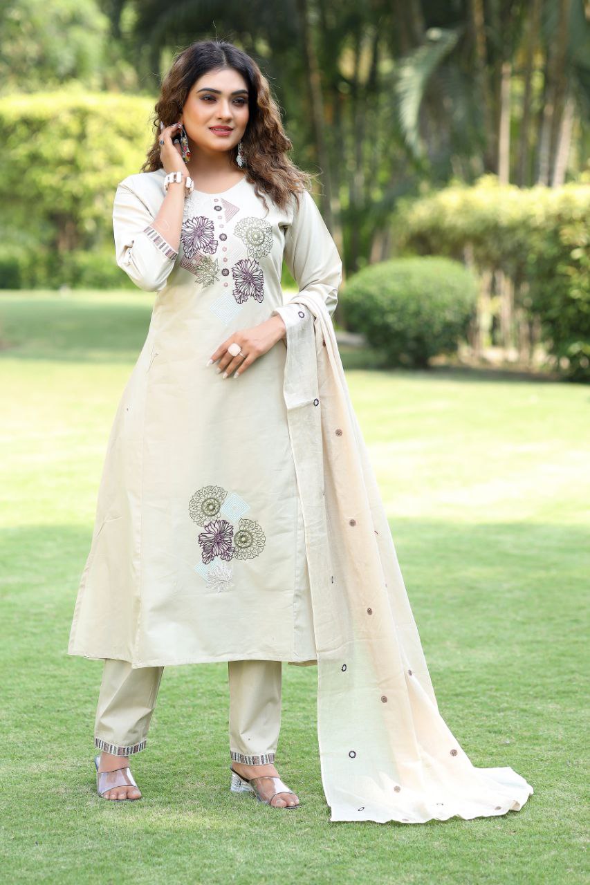 Cream Color Cotton Embroidered Suit Set Main image