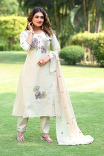 Cream Cotton Embroidered A-Line Kurta Pant Dupatta Set Front View