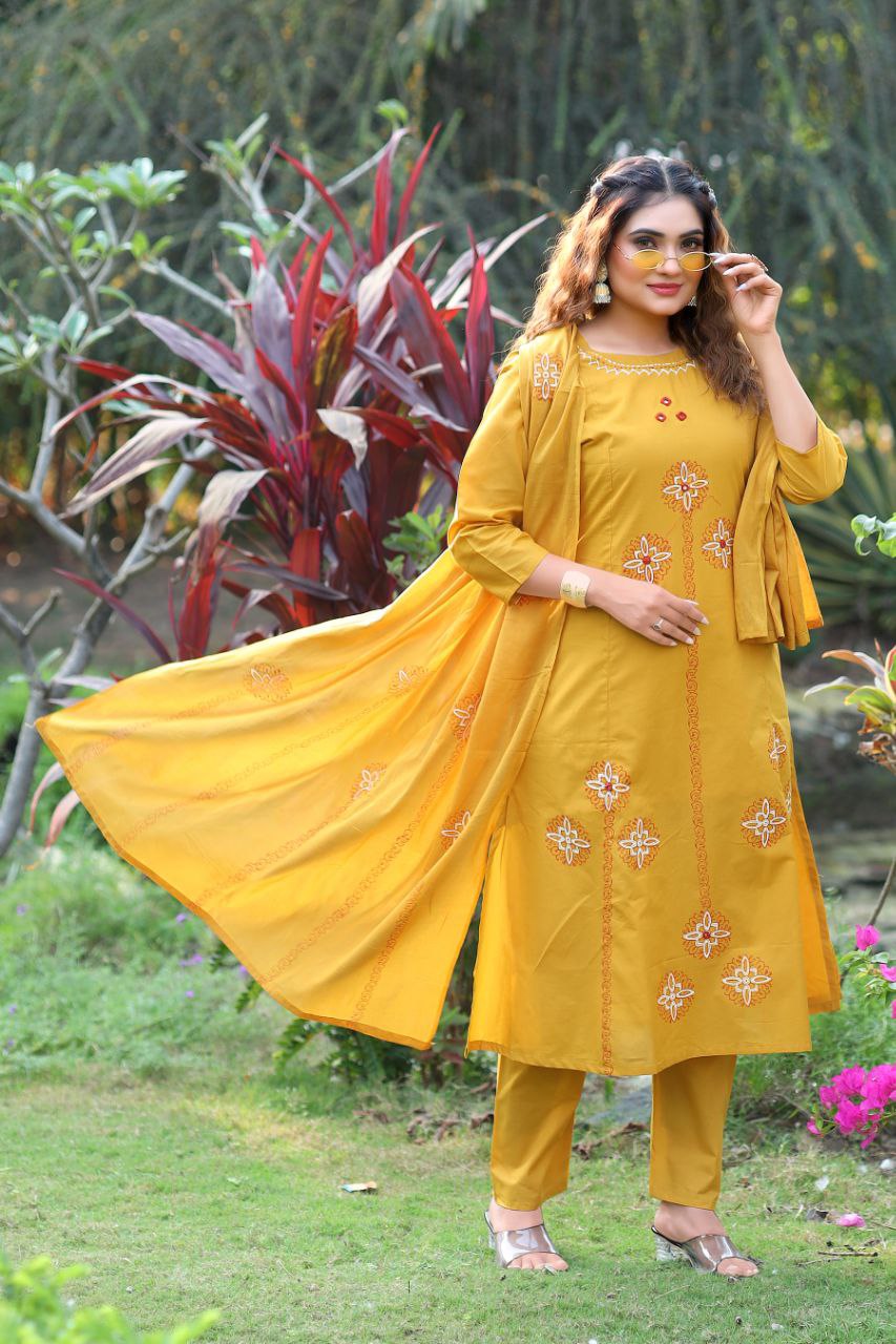 Mustard Pure Cotton Mirror Work A-Line Kurta Pant Dupatta Set