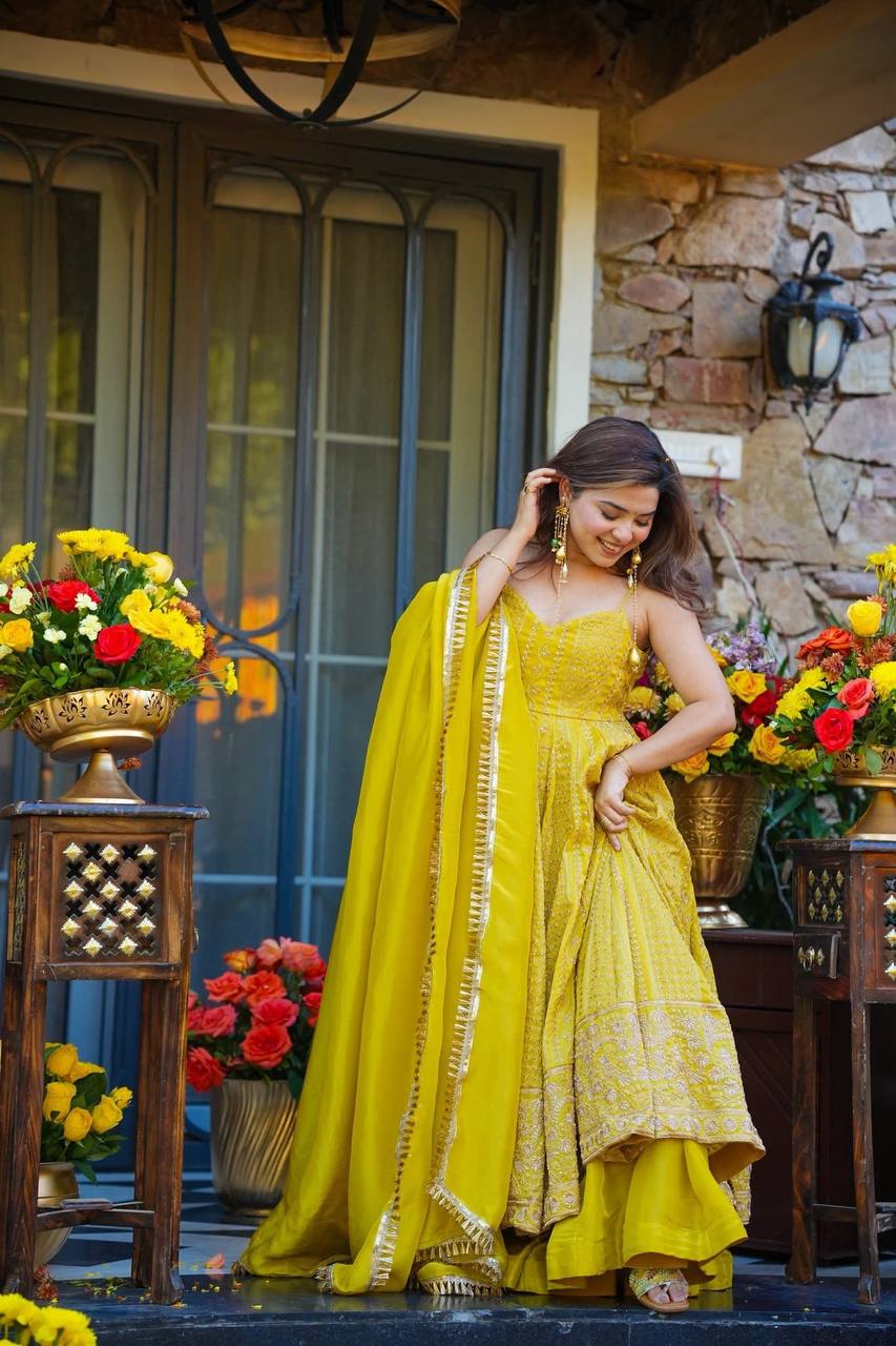 Teby Organza Zari Embroidered Gown with Sharara & Dupatta Set