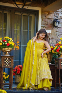Teby Organza Zari Embroidered Gown with Sharara & Dupatta Set