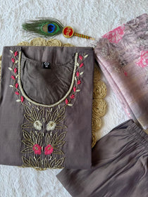 Brown Blossom Embroidered Kurta Set