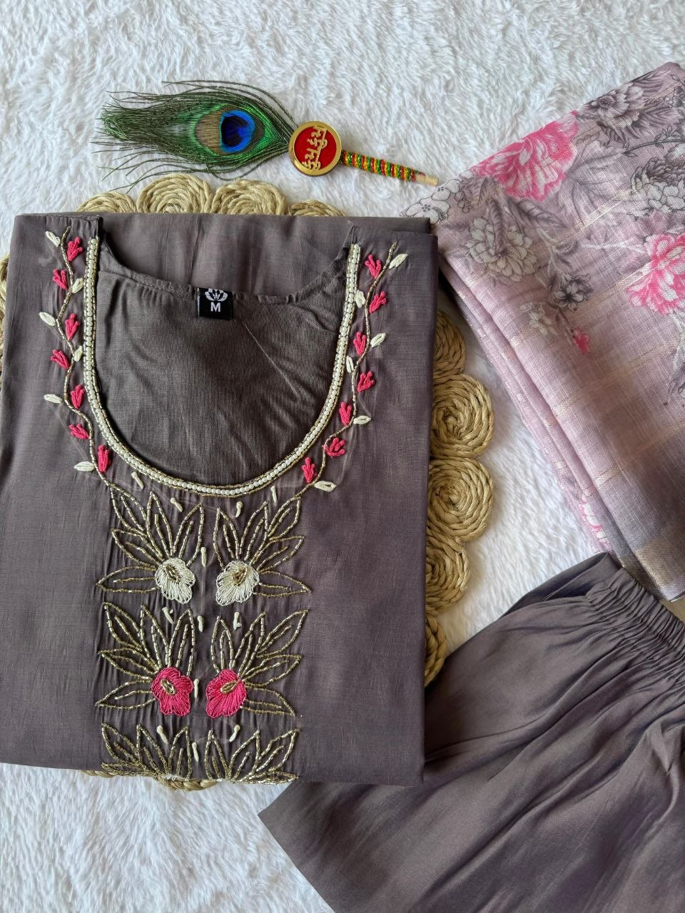 Brown Blossom Embroidered Kurta Set