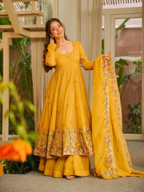 Beige Crunchy Silk Embroidered Gown Sharara Set