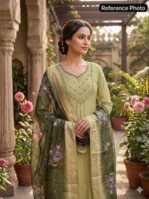 Olive Blossom Embroidered Kurta Set with Premium Floral Printed Dupatta