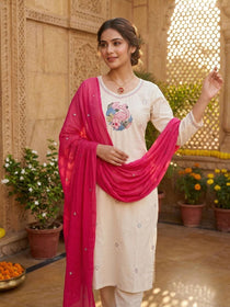 Cream Embroidered Khadi Cotton Kurta Set