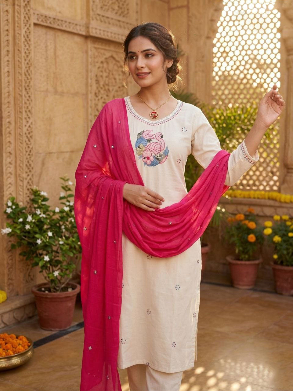 Cream Embroidered Khadi Cotton Kurta Set