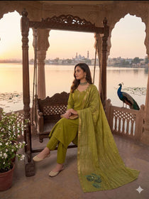 Premium Embroidered Kurta Set with Botanical Print Dupatta