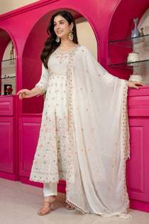 White Sequins Embroidered Kurta Sharara Set with Dupatta