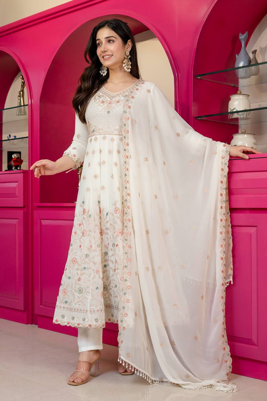 White Sequins Embroidered Kurta Sharara Set with Dupatta
