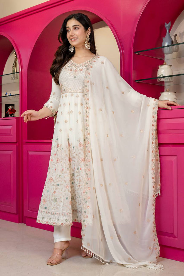 White Sequins Embroidered Kurta Sharara Set with Dupatta