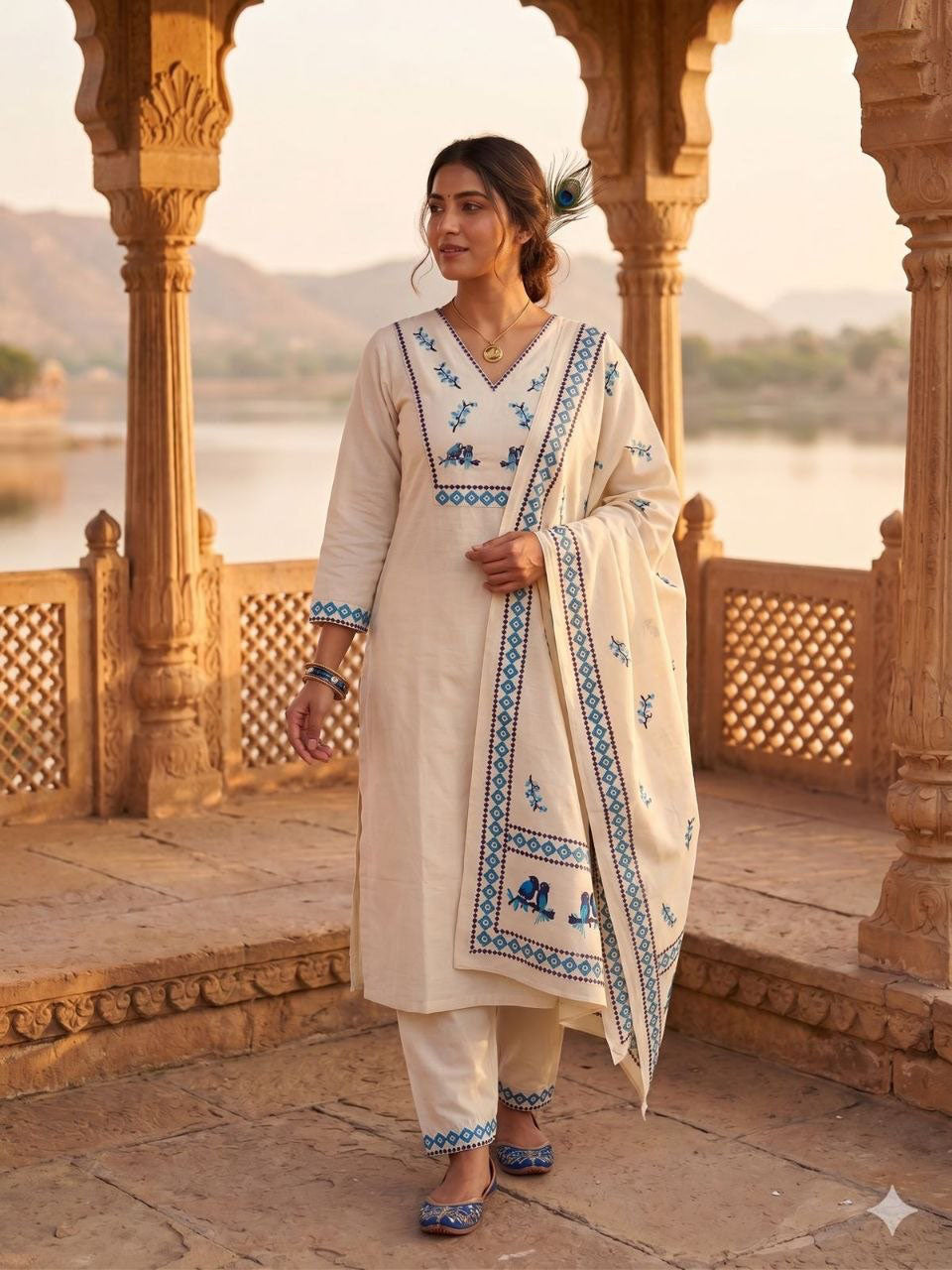 Heritage Bird Embroidered Kurta Set with Designer Printed Dupatta Secondary image
