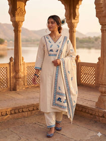 Heritage Bird Embroidered Kurta Set with Designer Printed Dupatta