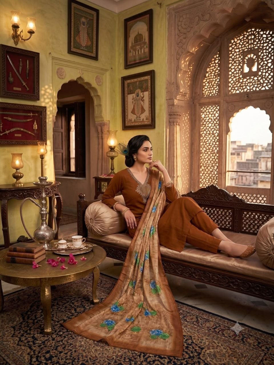 Coffee Chanderi Handwork Suit Set With Jacquard Dupatta