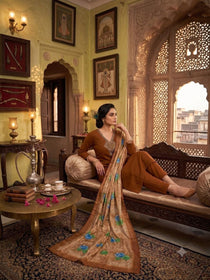 Coffee Chanderi Handwork Suit Set With Jacquard Dupatta