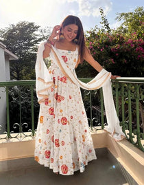 Elegant Embroidered Gown Set with Lace Border Dupatta
