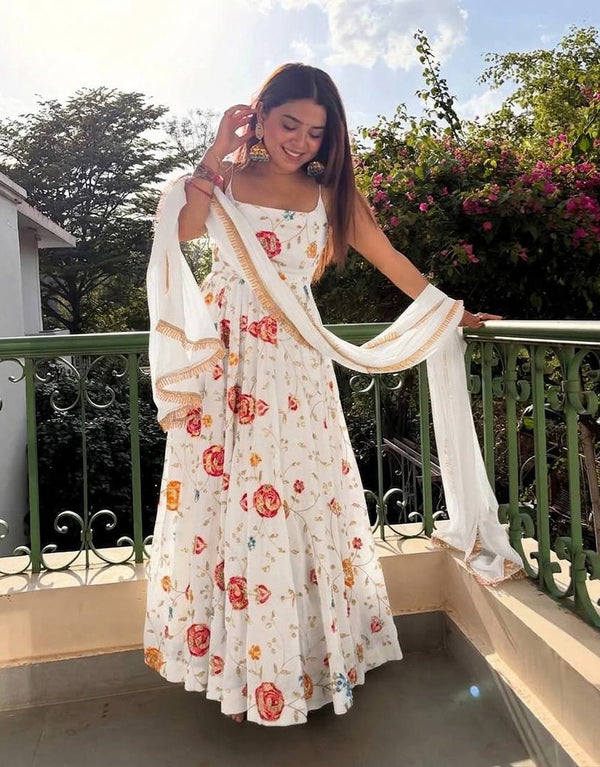 Elegant Embroidered Gown Set with Lace Border Dupatta