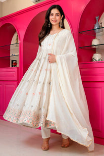 White Multi-Zari Embroidered Anarkali Suit Set