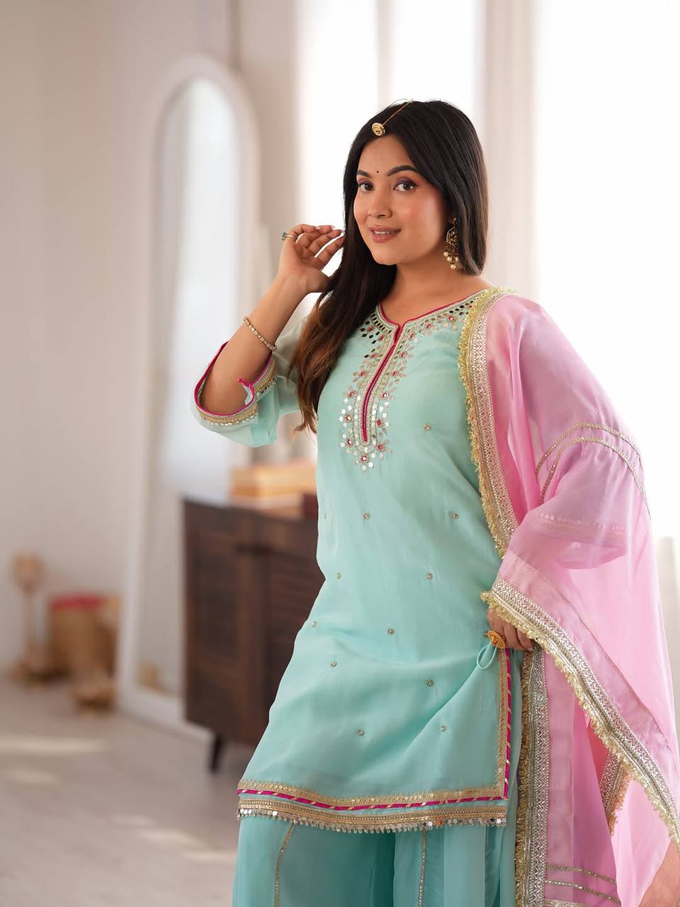 Parrot Green Embroidered Sharara Suit Set