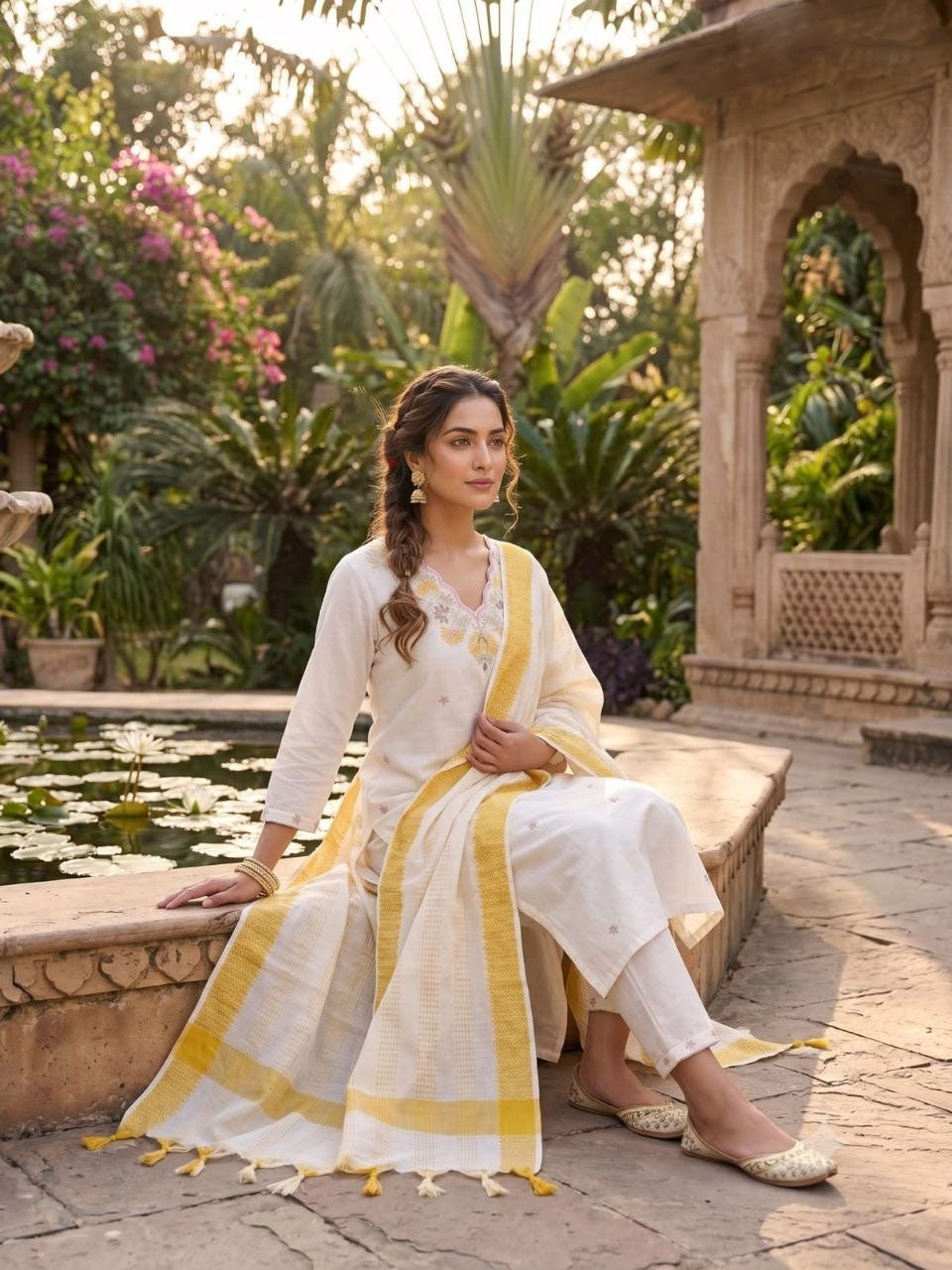 White Khadi Cotton Embroidered Kurta Pant Dupatta Set